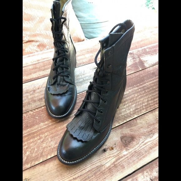 Vintage 100% Genuine Leather Lace up Boot Justin Women’s Black - Picture 3 of 15